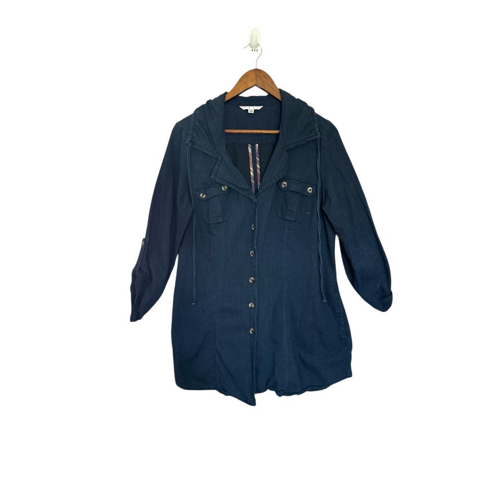 CAbi Dark Wash Denim Hooded Utility Shirt Jacket Shacket Hoodie L Navy Blue